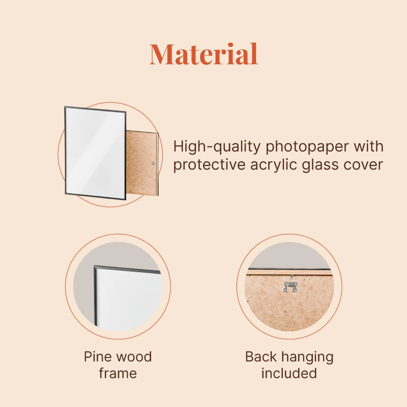 Poster material details showing pine wood frame, back hanging, and acrylic glass cover