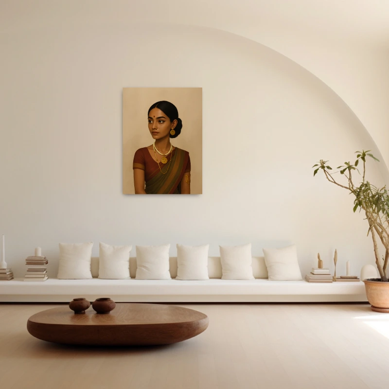 Elegant Indian Female Portrait Canvas Art (1) Elegant Indian woman portrait canvas wall art displayed in modern living room interior